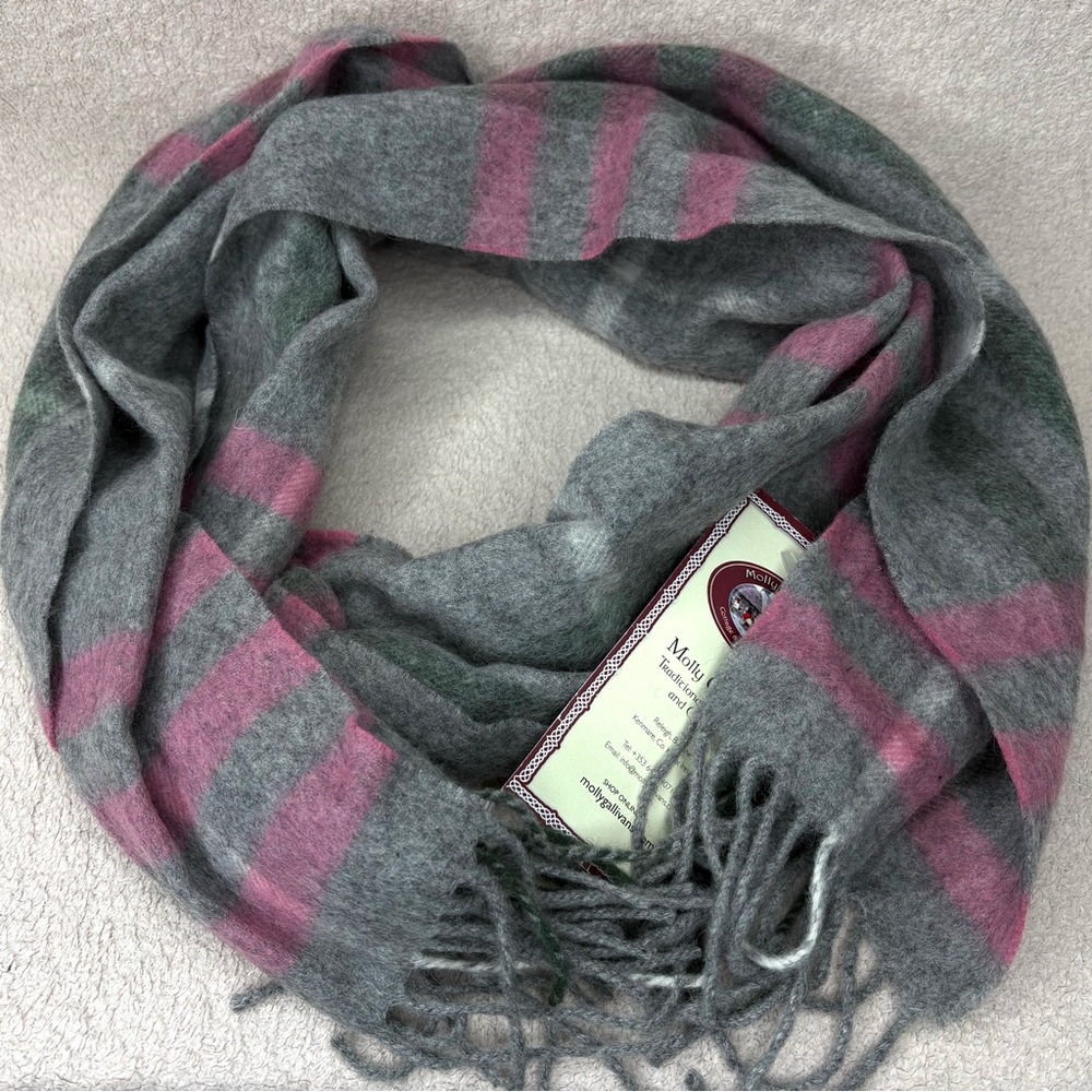 NEW Suantraí 100% Wool Plaid Scarf Gray/Pink Molly Gallivans Ireland Preppy Cozy